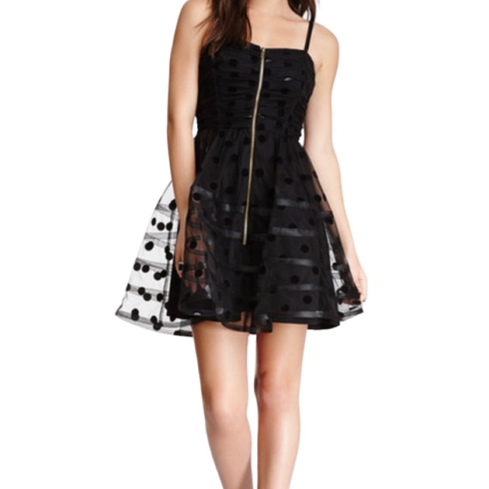 Betsey Johnson Black Polka Dot Strapless Mini Dress with Gold Front Zip